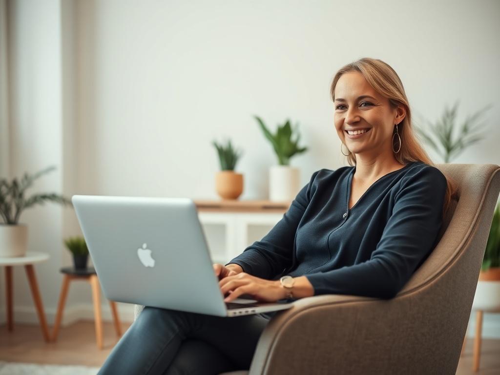 A serene and inviting virtual consultation setting, featuring a calming background with soft lighting. The focus is on a professional-looking therapist sitting comfortably in a cozy chair with a warm, welcoming smile. The therapist is engaging in a conversation through a laptop, conveying a sense of connection and support. The background includes subtle elements like indoor plants and soothing decor, creating an atmosphere of comfort and safety. The overall composition is clear and simple, emphasizing the p