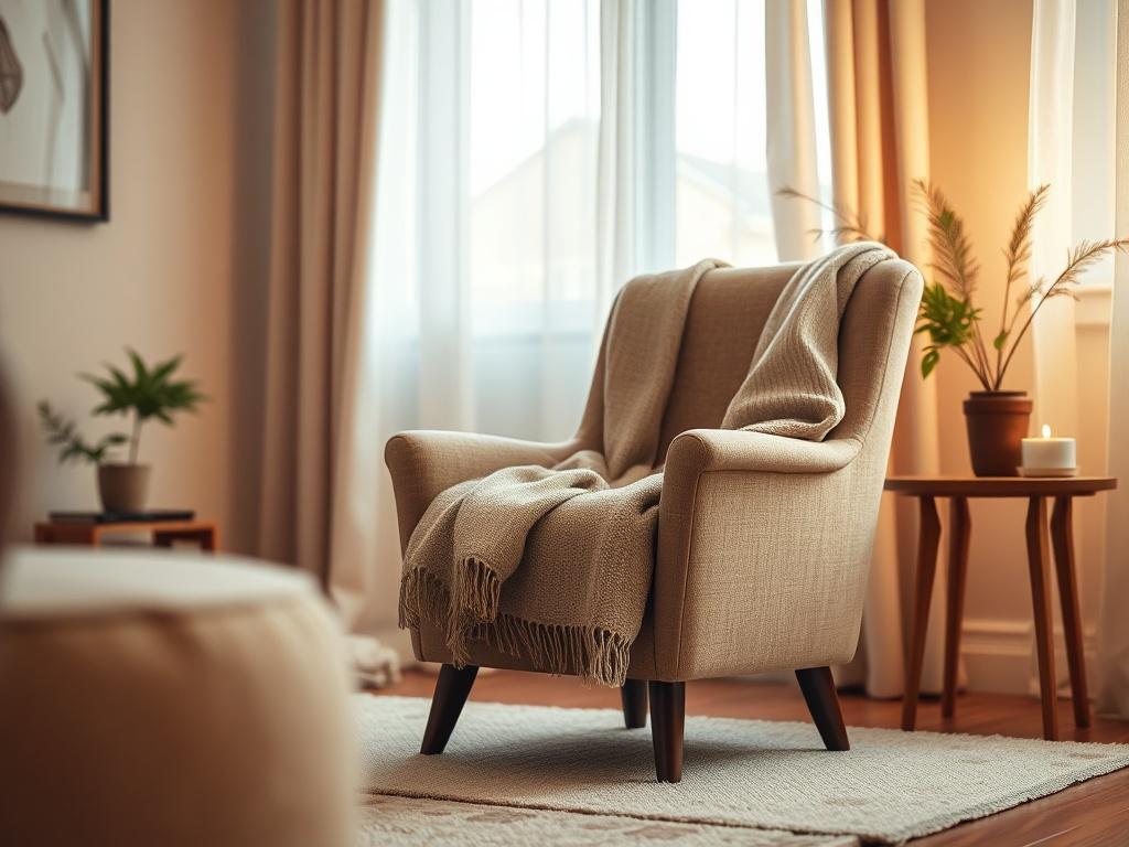 A warm, inviting therapy room with soft lighting, a comfortable armchair, and soothing decor. The focus is on a single armchair with a cozy blanket draped over it, symbolizing a safe space for personal exploration and healing. The background is softly blurred to keep the emphasis on the chair, evoking feelings of comfort and support.