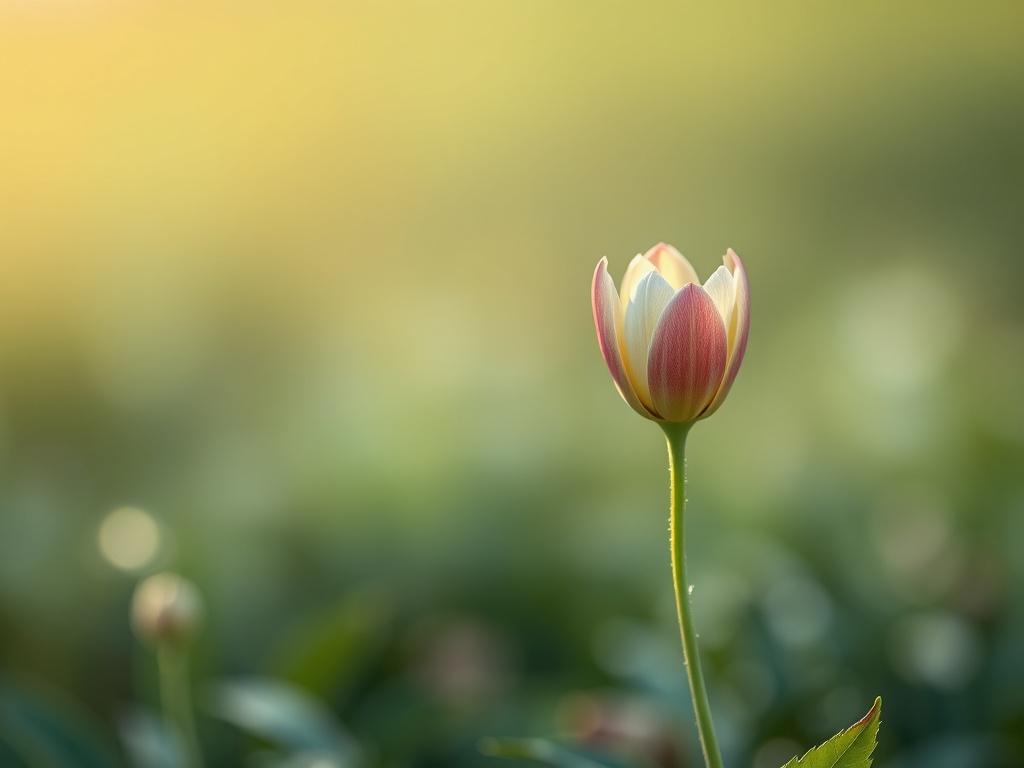 A serene setting with a peaceful landscape, symbolizing healing and growth. The foreground features a single blooming flower, representing resilience and beauty emerging from difficult experiences. The background is soft and blurred, creating a calming atmosphere.