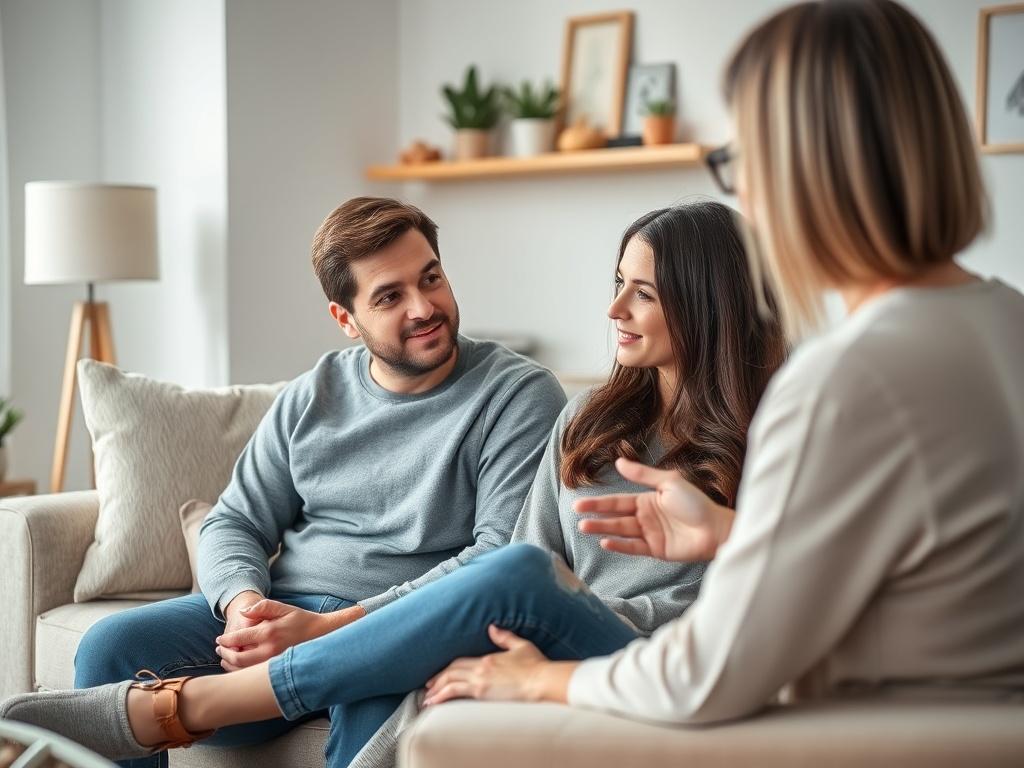 A couple sitting together on a couch, engaged in a deep conversation with a therapist. The therapist is facilitating the discussion, and the atmosphere is warm and inviting. The background features soft colors, comfortable furnishings, and supportive decor.