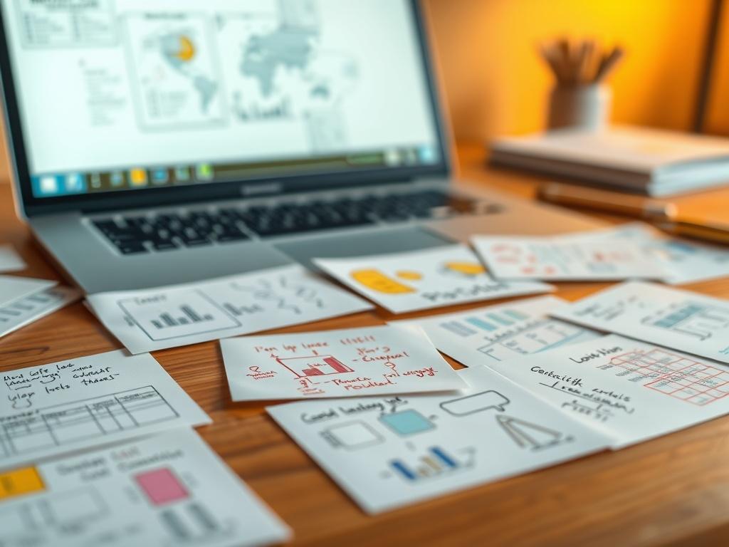 A close-up shot of a realistic high-resolution image featuring a set of colorful index cards spread out on a wooden table. The index cards should display various handwritten notes and diagrams, showcasing a mix of colors like blue, pink, and yellow. In the background, a softly blurred laptop screen should be visible, hinting at a digital workspace. The overall composition should convey a sense of organization and creativity, with warm lighting illuminating the scene, compatible with the primary color rgb(21