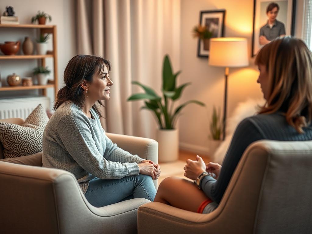 An intimate setting with comfortable seating, where a therapist discusses sexual health and intimacy with a client. The atmosphere is warm and inviting, featuring soft lighting and supportive decor, creating a safe space for vulnerable conversations.