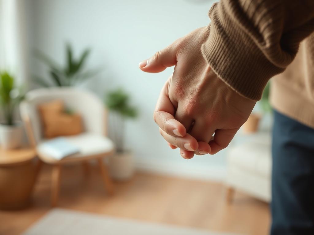 A close-up shot of two hands gently holding each other, symbolizing connection and support, with a soft-focus background of a warm, inviting therapy space.