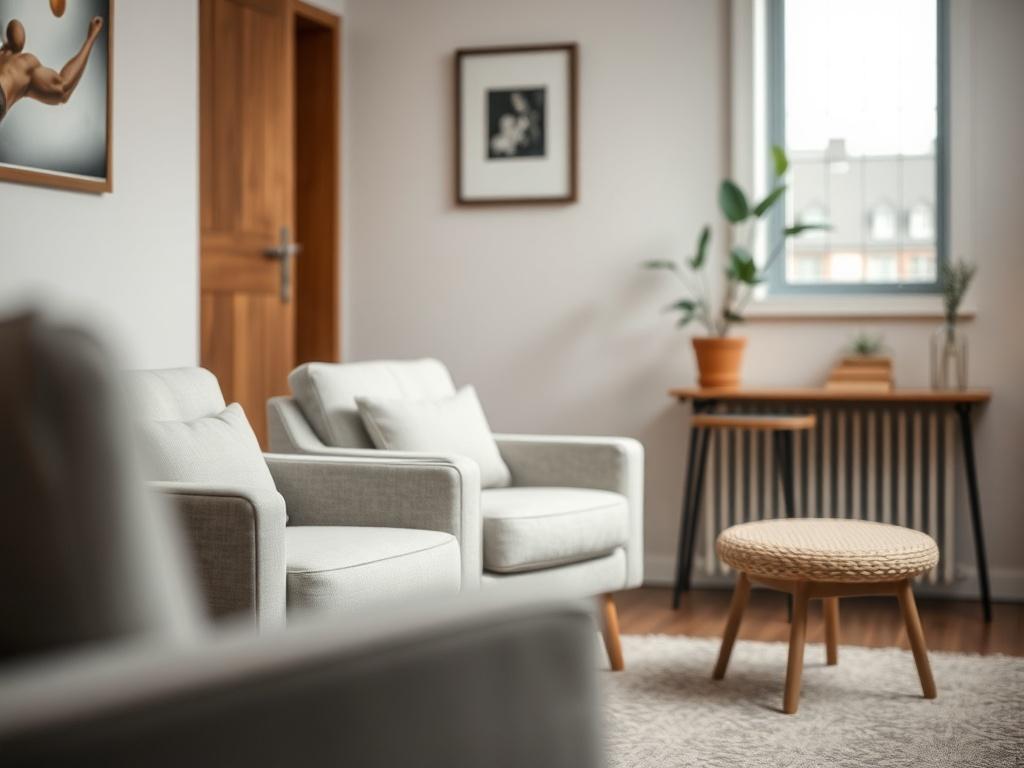 A serene counseling room with comfortable seating, soft lighting, and calming decor, showcasing a single comfortable chair facing the camera, with a small side table and a plant in the background. The atmosphere conveys tranquility and safety.
