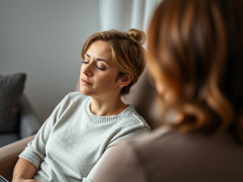 A focused image of a therapist guiding a client through EMDR, with the client seated comfortably, eyes closed, and a calm expression, conveying a sense of safety and support in the therapy setting.