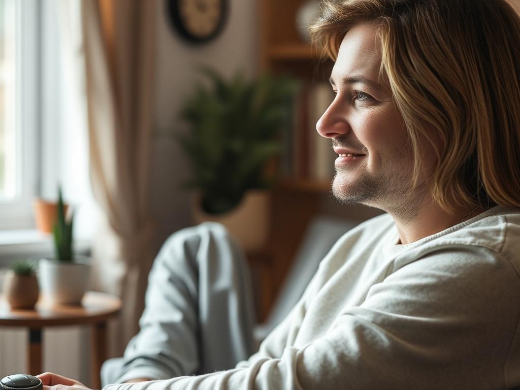 **Prompt for AI Image Generation:**

Create a realistic high-resolution close-up photograph portraying a serene and inviting atmosphere that captures the essence of healing from trauma through EMDR therapy. 

**Composition:**  
- Center the image on a calm, focused therapist with a gentle smile, wearing casual yet professional attire. The therapist should be seated comfortably in a cozy office or therapy space, conveying warmth and support.
- Use a shallow depth of field to ensure the therapist is in sharp 