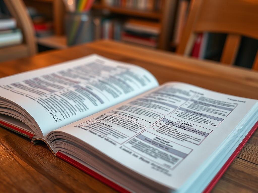 A hyper-realistic close-up of an open workbook on a wooden table, filled with colorful pages and written exercises. A warm light illuminates the pages, creating a cozy and inviting atmosphere. The background is softly blurred to focus on the workbook.