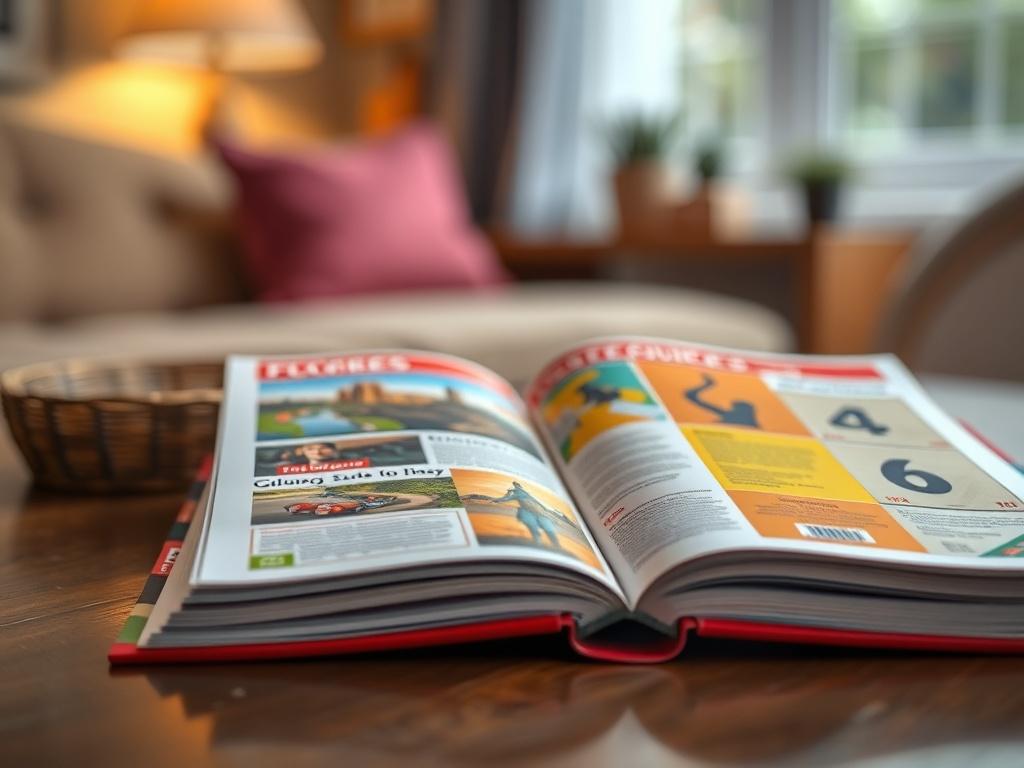 A hyper-realistic close-up shot of a colorful guidebook on a table, with a soft-focus background of cozy home decor. The book is partially open, showing vibrant pages with engaging titles and graphics.