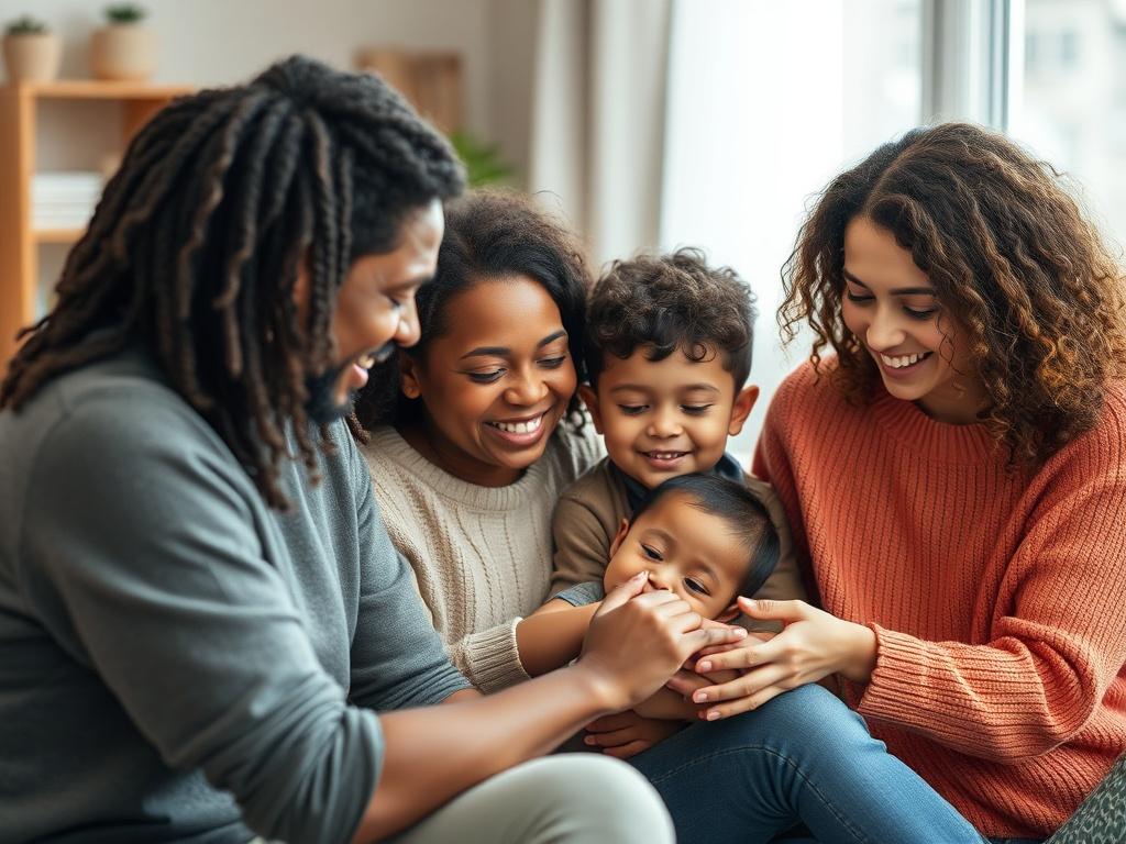 Create a realistic high-resolution photo featuring a diverse family, showcasing warmth and inclusivity. The family should be engaged in a nurturing activity together, conveying love and support. The background should be softly blurred to emphasize the connection among the family members. The image should be compatible with the color rgb(4, 104, 120) and evoke a sense of healing and sanctuary.