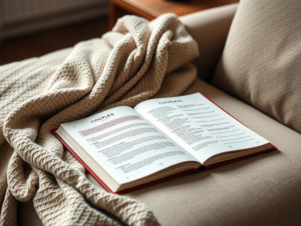 A hyper-realistic close-up of an elegantly designed Couples Therapy Journal open on a cozy sofa with a soft blanket draped over it. The journal showcases colorful pages filled with prompts and reflection spaces, while the background hints at a warm, inviting living room.