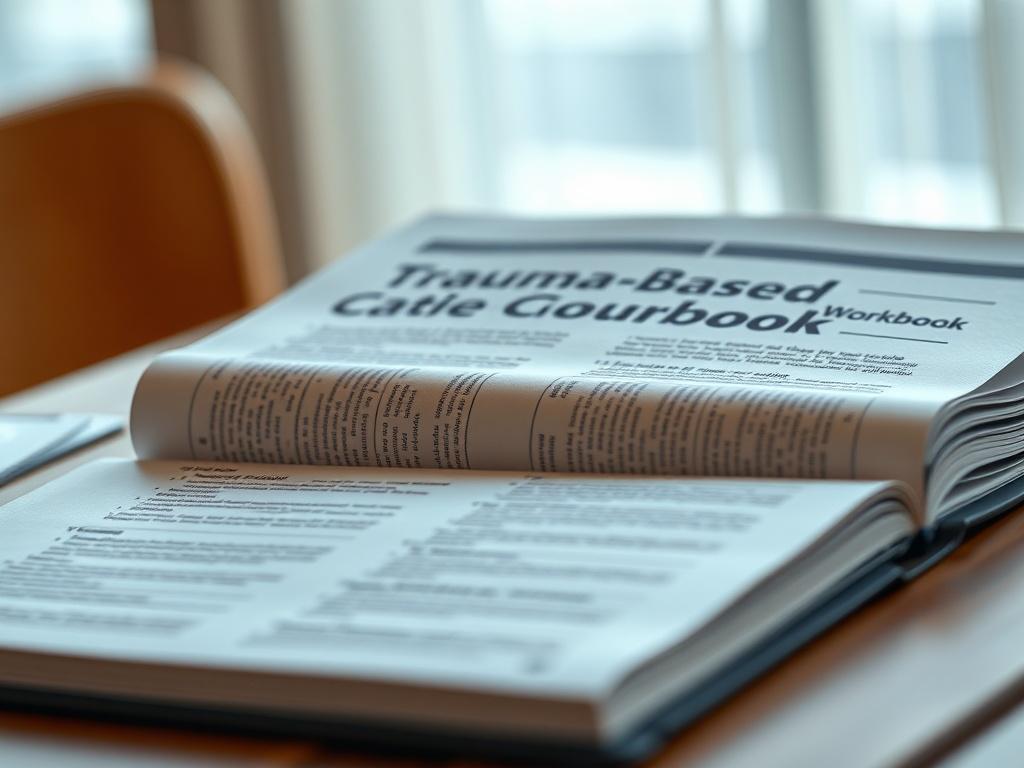 A hyper-realistic close-up of a beautifully designed workbook titled 'Trauma-Based Counseling Workbook' lying open on a wooden table. The background should be softly blurred with warm lighting, emphasizing the workbook's pages filled with structured exercises and reflection spaces.