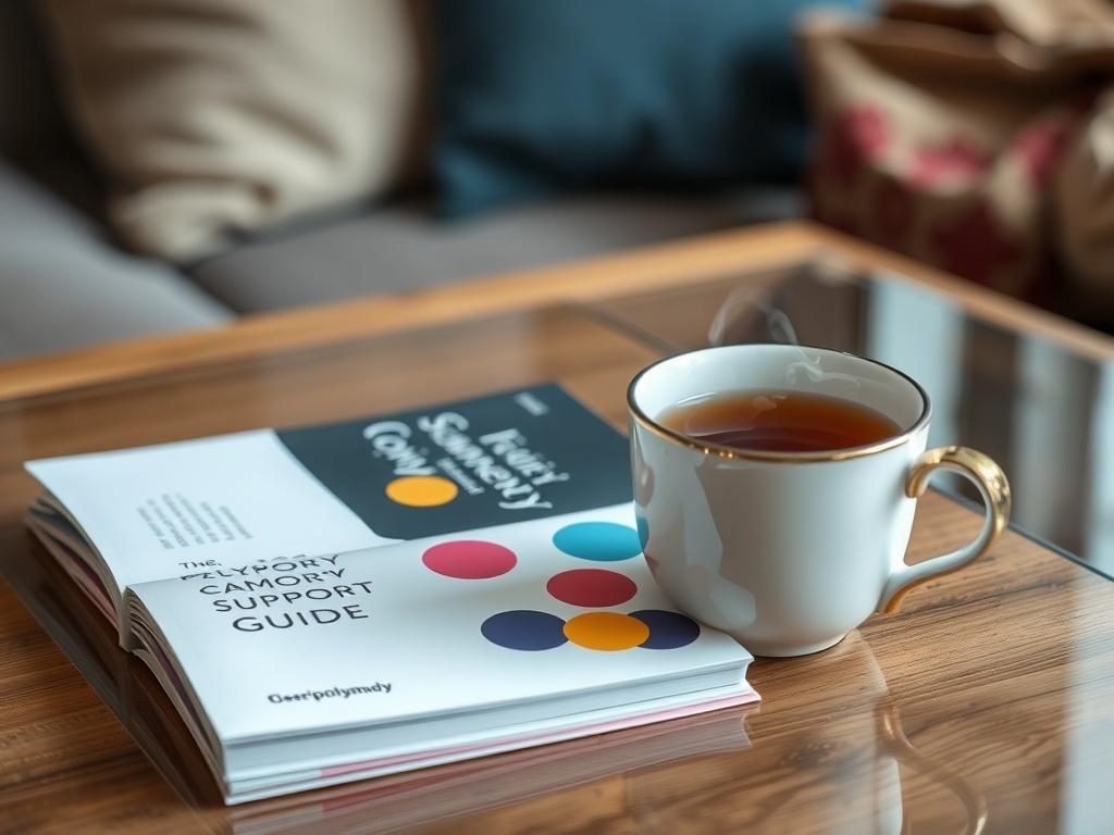 A hyper-realistic close-up of the Polyamory Community Support Guide resting on a coffee table with a steaming cup of tea beside it. The guide features colorful, engaging pages, and the background reflects a cozy, welcoming environment.