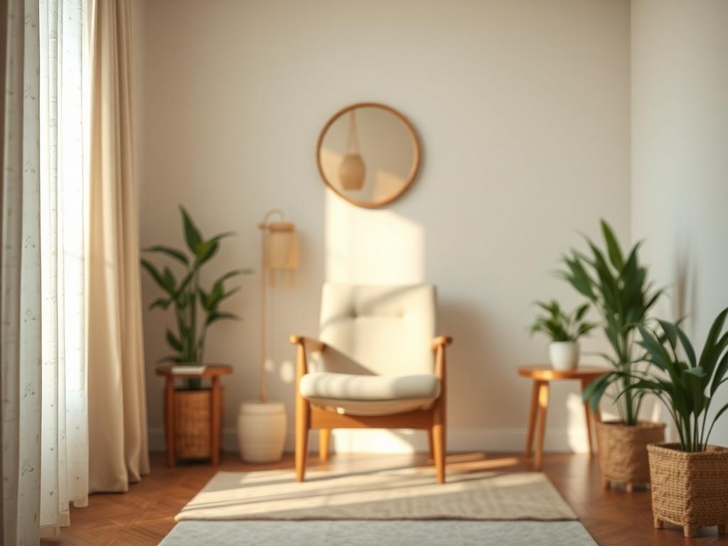 A serene, calming therapy room with a comfortable chair and soft lighting. The focus should be on a single therapist's chair, emphasizing a welcoming environment. Soft textures and warm colors should dominate the background, creating a sense of safety and peace.