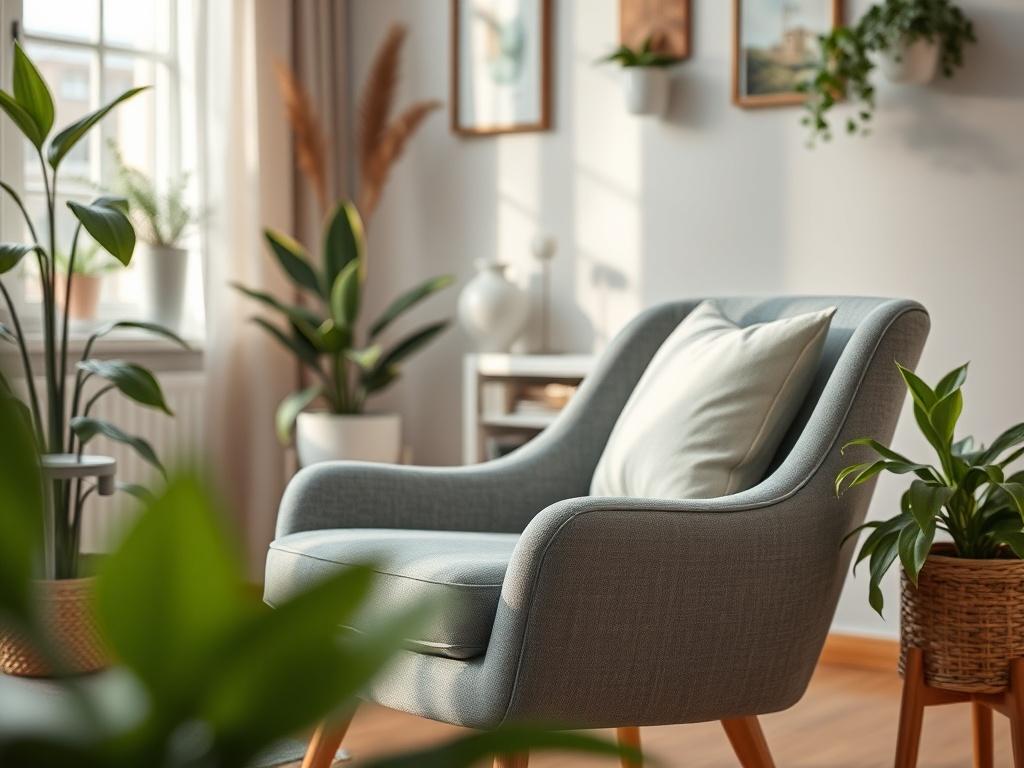 A close-up of a comforting therapy chair in a softly lit room, surrounded by plants and calming decor. The image should capture a sense of safety and tranquility, focusing on the inviting atmosphere of the counseling space.