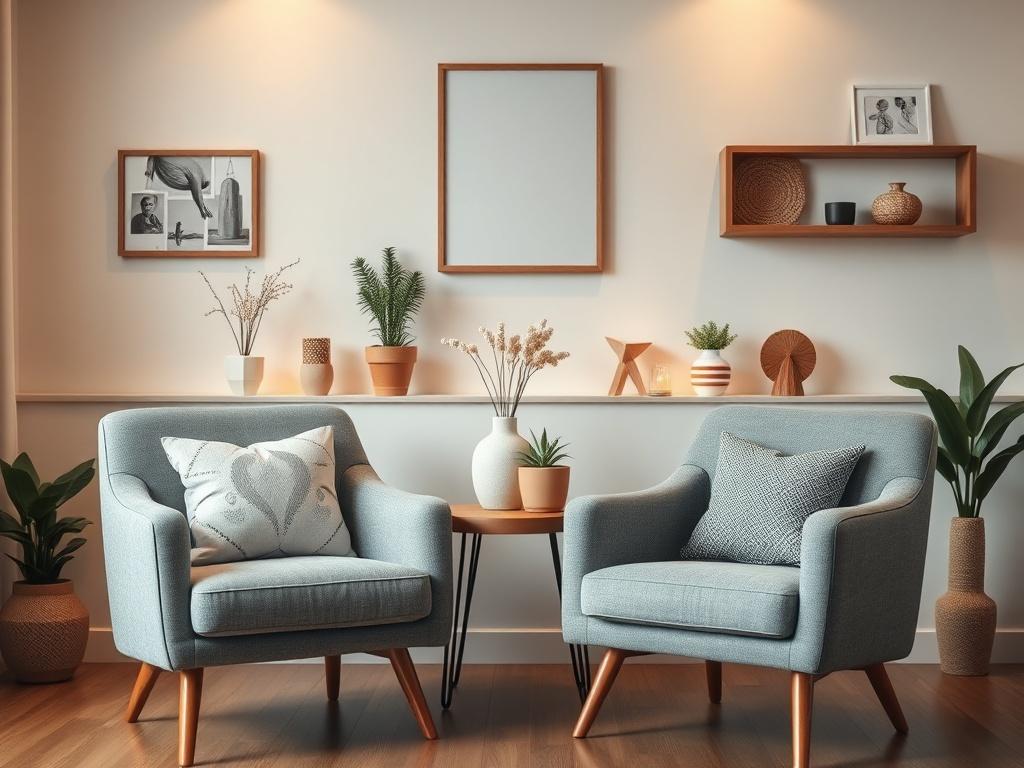 A warm, inviting space set up for couples therapy, featuring two comfortable chairs facing each other. Soft lighting and calming decorations should enhance the atmosphere of connection and openness.