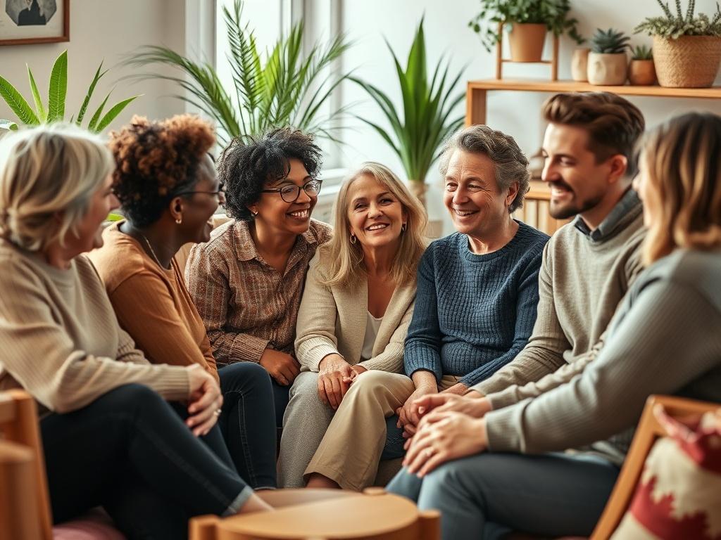 A heartwarming scene depicting a diverse group of individuals sitting in a supportive circle, engaging in conversation and sharing experiences. The setting is cozy and inviting, with soft lighting and comfortable seating. The group includes people of various ages, ethnicities, and backgrounds, radiating warmth and connection. In the background, there are plants and cozy decor that enhance the atmosphere of community and support.