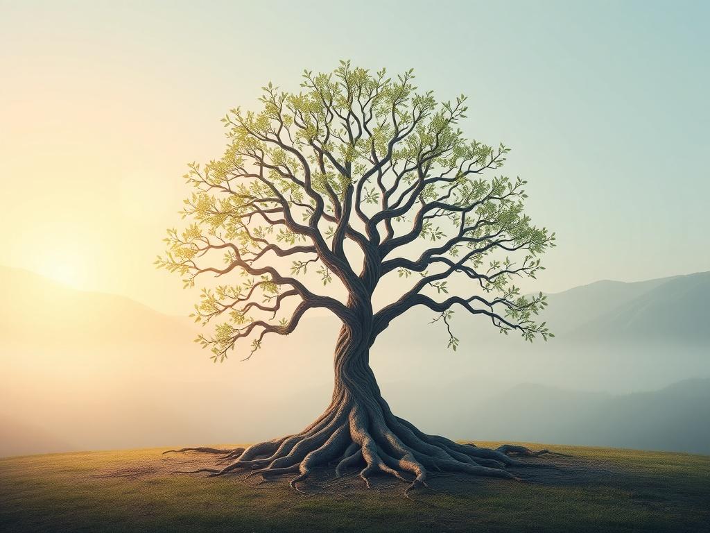 A serene setting depicting a family tree with roots and branches symbolizing connection and growth. The background features soft colors and gentle lighting, representing healing and hope for future generations.