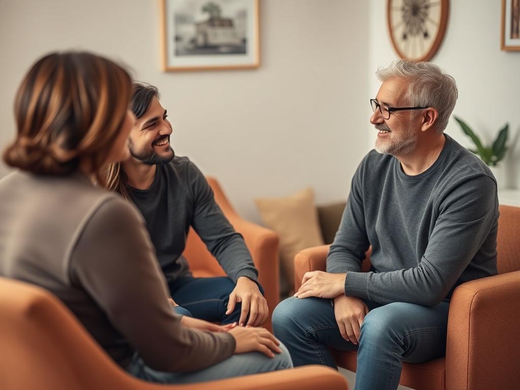 A loving couple sitting across from a therapist in a cozy office setting, engaged in conversation. The couple appears connected and open, while the therapist listens attentively. The background should be warm and inviting, with soft colors and comfortable seating.