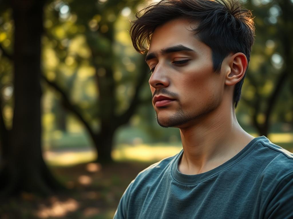 A person meditating in a tranquil outdoor setting, surrounded by nature. The scene should convey a sense of serenity and introspection, with soft sunlight filtering through the trees. The close-up shot captures the individual's peaceful expression, embodying the essence of spiritual exploration.