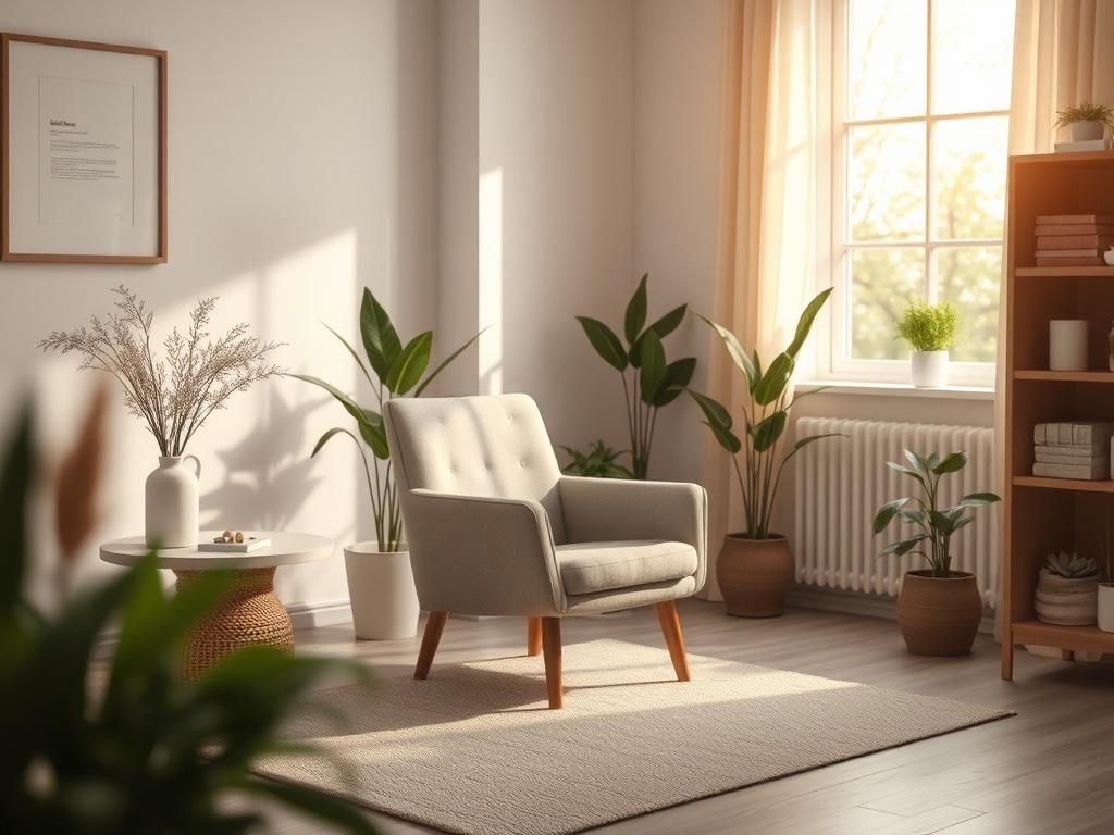 A serene therapy room with soft lighting and a single comfortable chair facing a window with natural light. The setting should evoke a sense of calm and safety, with plants in the background and gentle decor. The photo should be a close-up shot, capturing the inviting atmosphere.