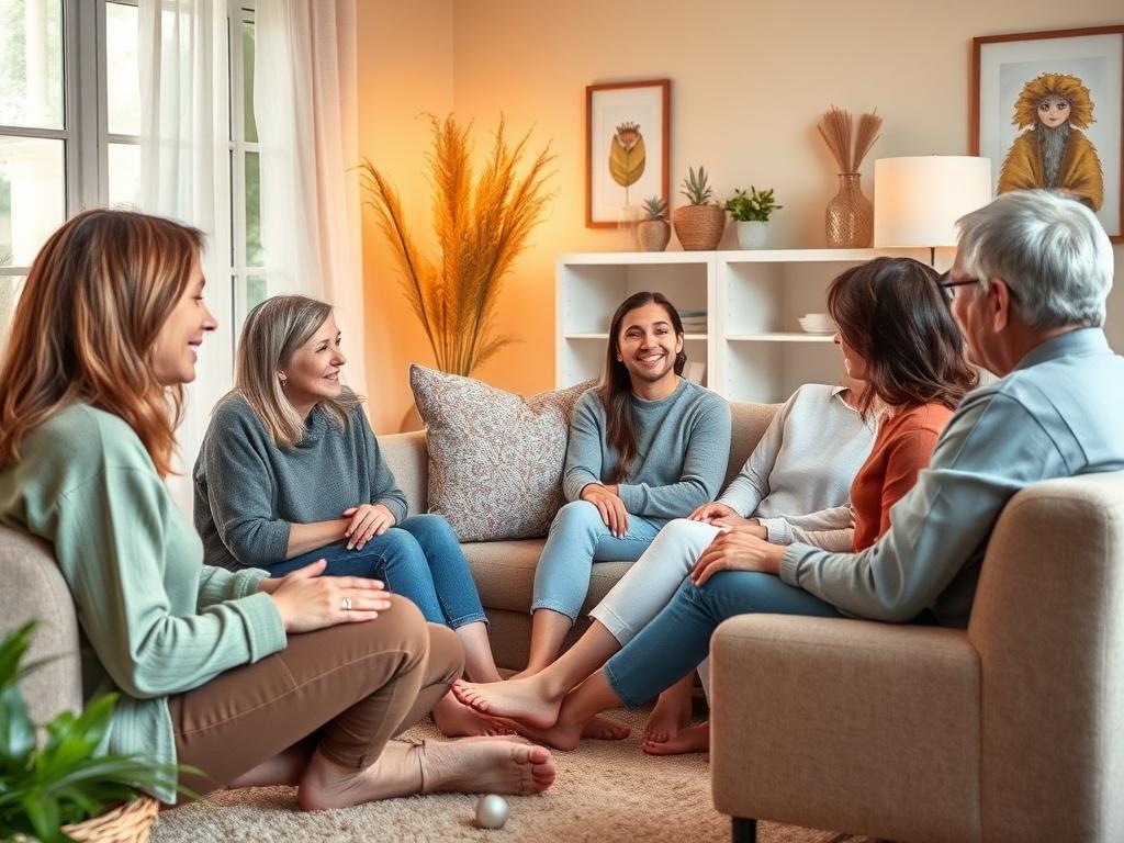 A family therapy session in a warm, inviting room where