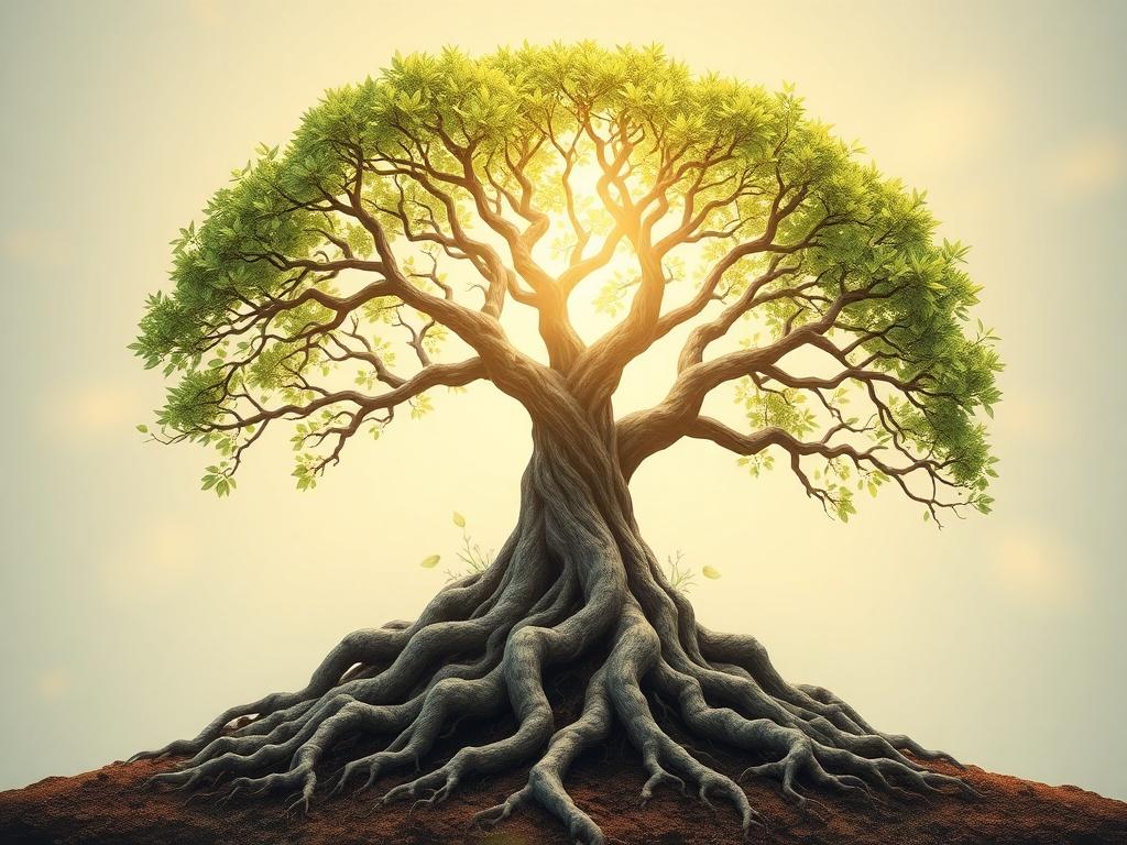 A family tree illustration with roots symbolizing past generations and branches representing growth and healing. The tree is surrounded by soft light, symbolizing hope and transformation.