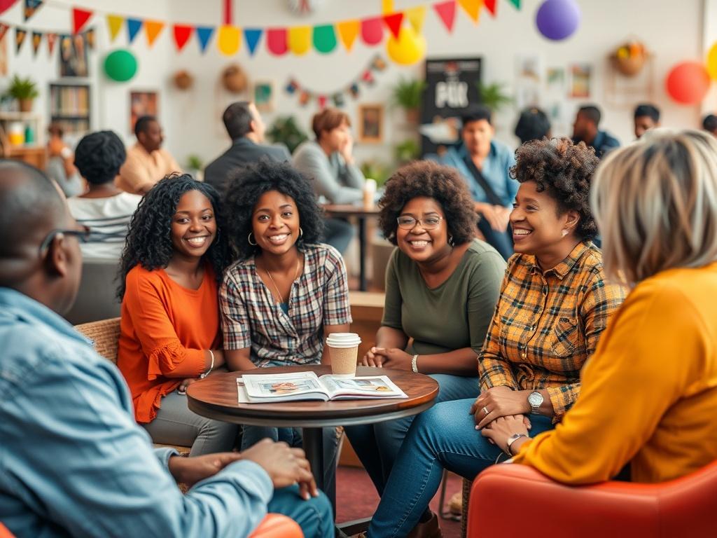 A vibrant community gathering featuring diverse individuals engaging in meaningful discussions. The setting includes comfortable seating, colorful decorations, and resources displayed on tables. An atmosphere of acceptance and celebration is captured with individuals expressing joy and connection, emphasizing inclusivity and support.