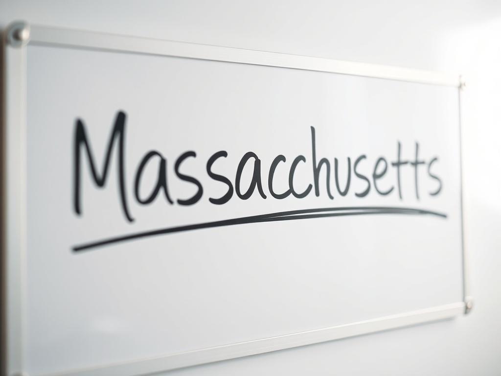 A close-up shot of a whiteboard with the word 'Massachusetts' neatly written in bold, black marker. The background is softly blurred to emphasize the whiteboard, while the lighting is bright and inviting. The whiteboard is centered in the frame, with a clean and minimalistic aesthetic, showcasing the word clearly and prominently.