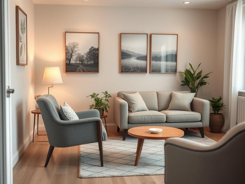 A serene and inviting counseling room with soft lighting and comfortable seating. A therapist's chair and a cozy couch are arranged to create an intimate atmosphere. The background features calming nature artwork, and a small plant adds a touch of warmth. The scene conveys a sense of safety and tranquility, inviting clients to feel at ease during their sessions.