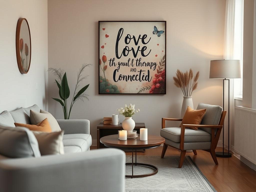 A tranquil space designed for sex therapy sessions, featuring comfortable seating and subtle decor. The room is softly lit, creating a welcoming atmosphere for intimate discussions. An inviting art piece related to love and connection hangs on the wall, reinforcing the theme of exploration and acceptance in sexual health.