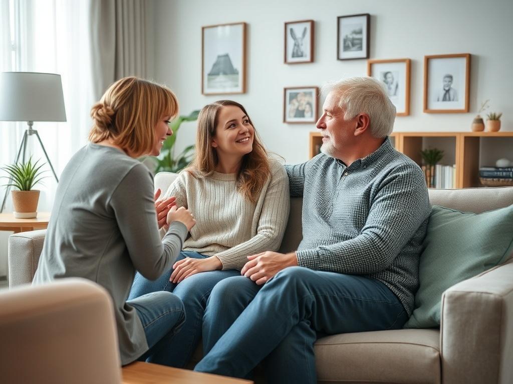 A couple sitting together on a comfortable couch during a therapy session. They are engaged in a meaningful conversation, with a therapist nearby guiding them. The room is softly lit, decorated with calming colors and personal touches like framed photos. The scene radiates warmth and connection, highlighting the importance of communication in their relationship.