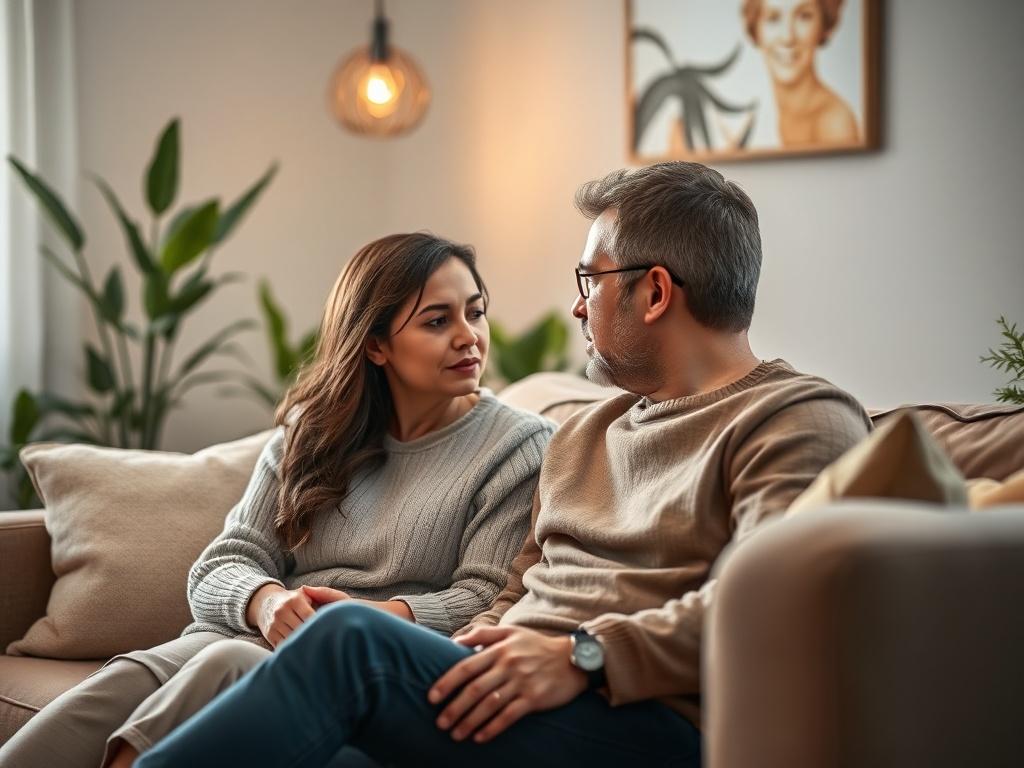 A couple engaged in a heartfelt conversation in a peaceful therapy setting, sitting on a comfy couch with warm lighting. The therapist is visible in the background, listening attentively. The room features calming colors and inviting elements like plants and soft cushions, emphasizing a nurturing environment.