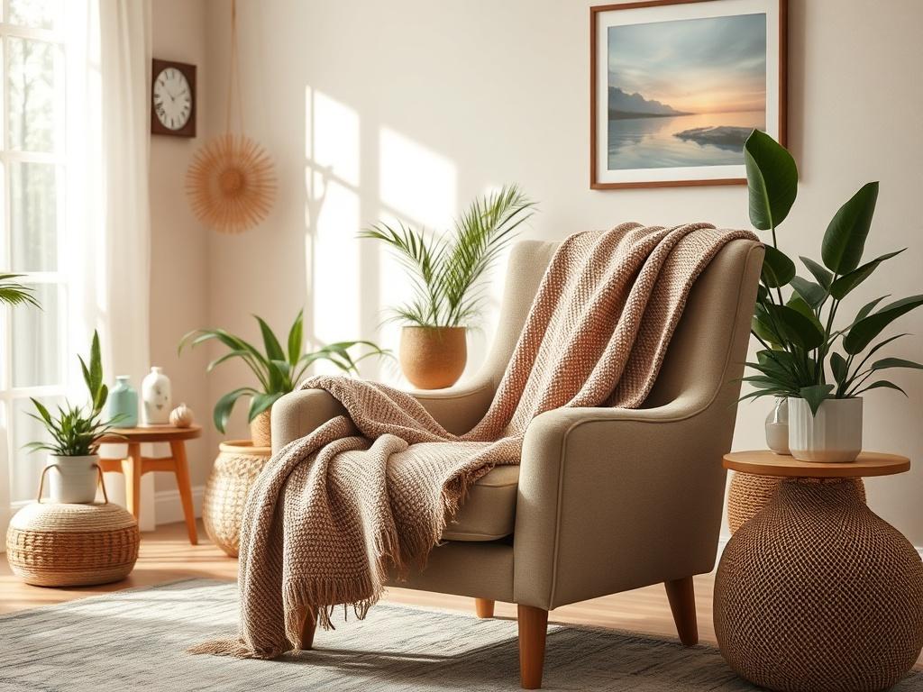 A serene, inviting therapy space with soft lighting and comfortable seating, featuring a warm color palette. The focus is on a single plush armchair with a cozy blanket draped over it, surrounded by calming decor such as plants and art that evoke a sense of safety and healing. Natural light filters through a window, creating a peaceful atmosphere.