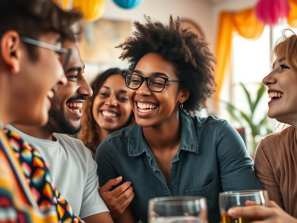A close-up of a diverse group of individuals laughing and sharing ideas in a lively discussion, illustrating openness and acceptance of various sexual identities. The background reflects a warm and inviting atmosphere with colorful decor, symbolizing freedom and empowerment.