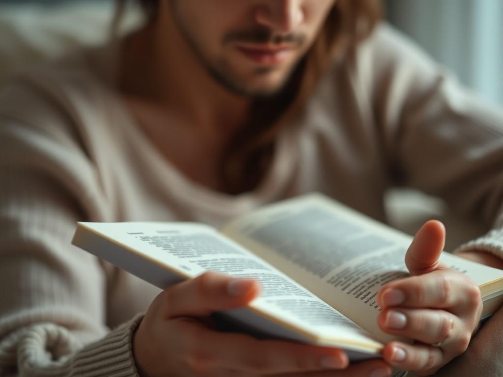 A close-up shot of a person looking thoughtfully at a journal during a sex therapy session, with soft lighting creating a calming atmosphere.