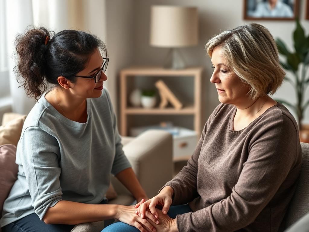 A close-up shot of a therapist guiding a client through EMDR therapy. The therapist is seated nearby, creating a supportive presence, while the client appears focused and engaged. The environment is calming, with soft colors and comfortable furnishings that promote relaxation and safety.