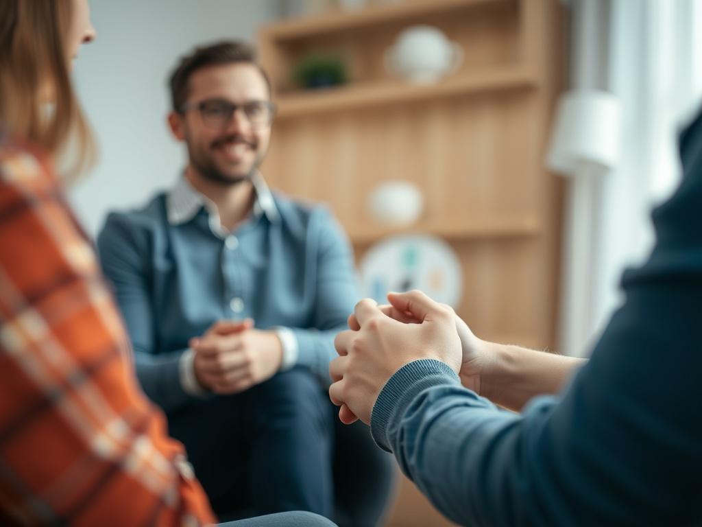 A close-up shot of a couple holding hands during a therapy session, with a therapist in the background, creating an atmosphere of connection and support.