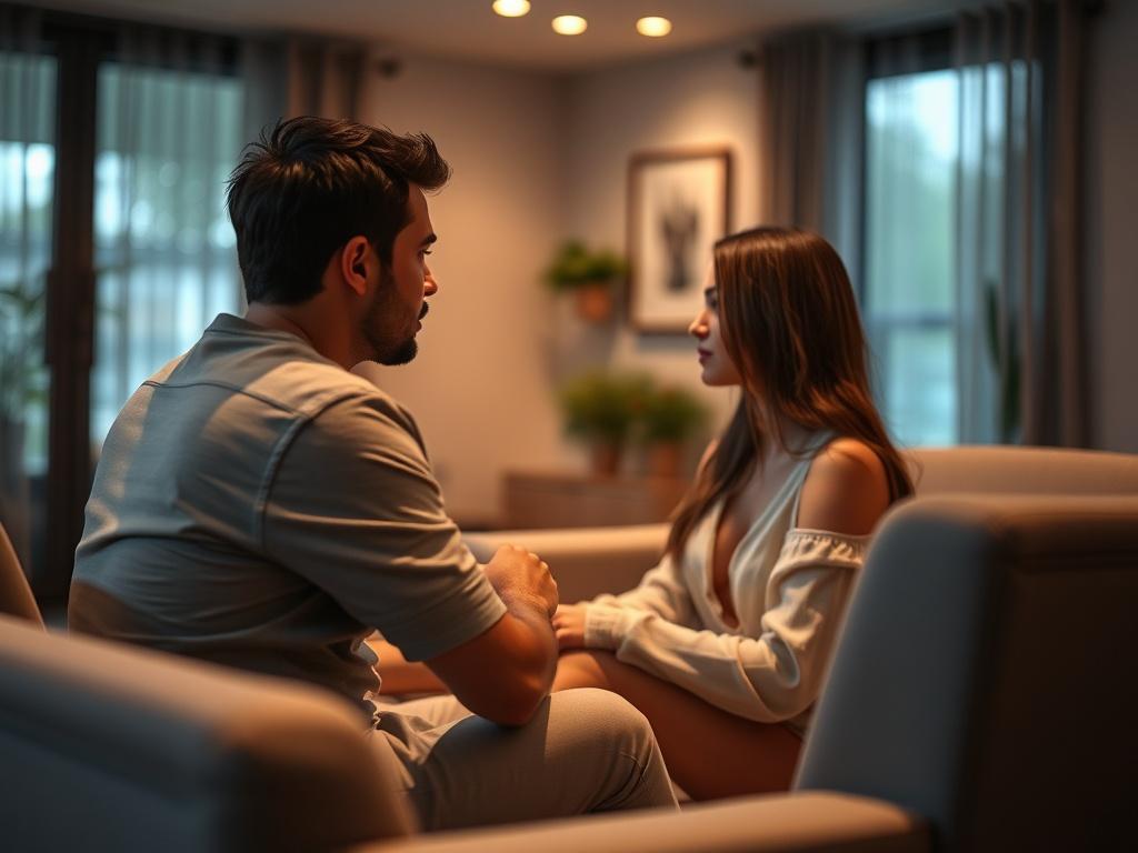 An intimate setting with soft lighting and comfortable seating, designed for open discussions about sex and intimacy. The atmosphere is inviting, encouraging clients to share and explore sensitive topics in a safe space.