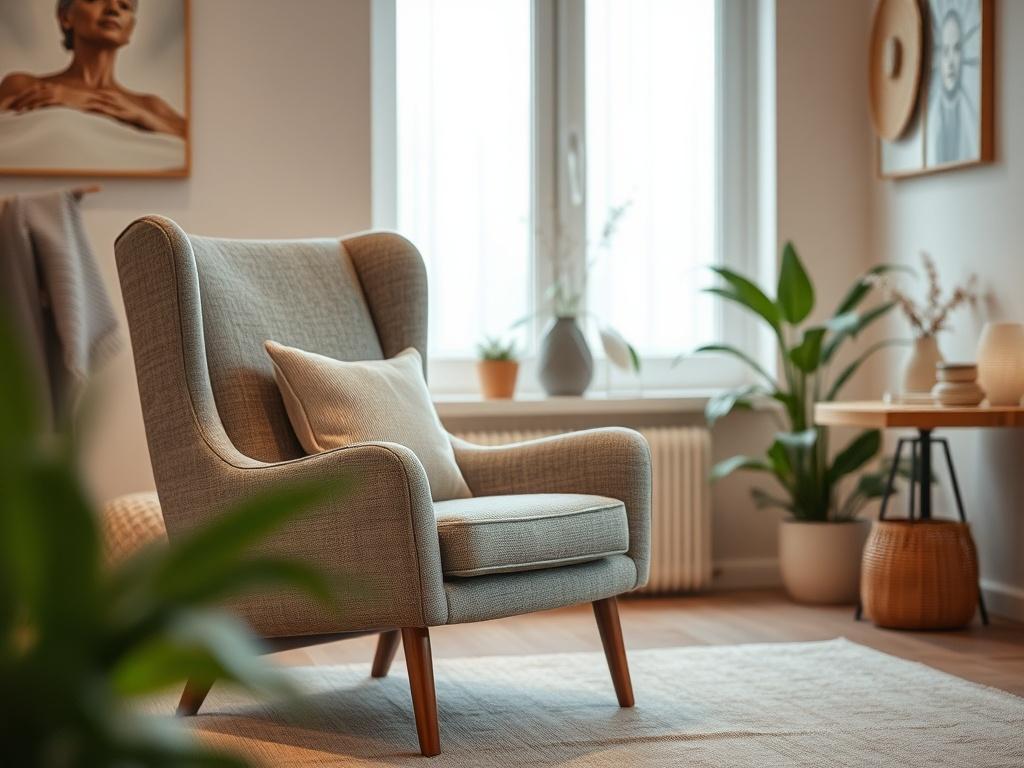 A serene therapy room with a comfortable armchair and soft lighting, showcasing a peaceful atmosphere. The background features soothing colors with plants or artwork that evoke calmness, inviting individuals to feel safe and supported.