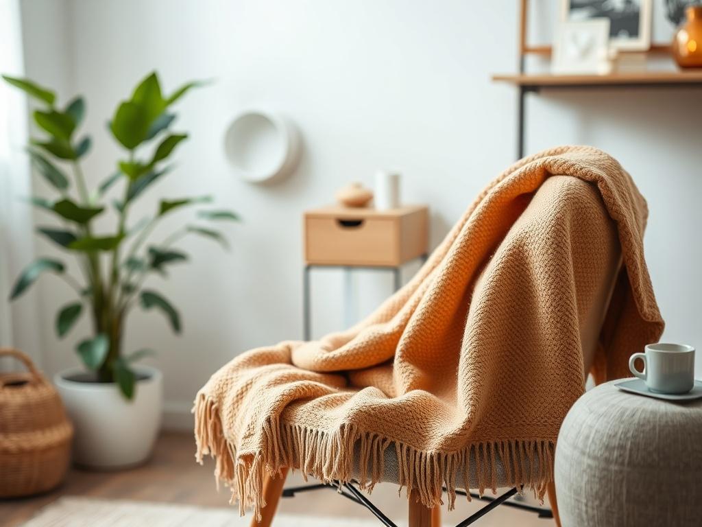 A close-up shot of a tranquil therapy room featuring a comfortable chair, soft lighting, and calming decor. The focus is on a single chair with a warm blanket draped over it, symbolizing comfort and safety. The background should be softly blurred to emphasize the inviting atmosphere, with a hint of greenery from a nearby plant, creating a peaceful and supportive environment.