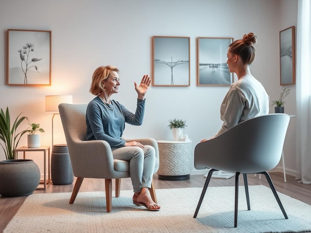 A tranquil therapy room with soft, ambient lighting. A comfortable chair is positioned facing the therapist, who is guiding a client through EMDR therapy. The therapist uses a gentle hand motion for eye movements, while the client appears relaxed. The background showcases calming artwork and a peaceful atmosphere.