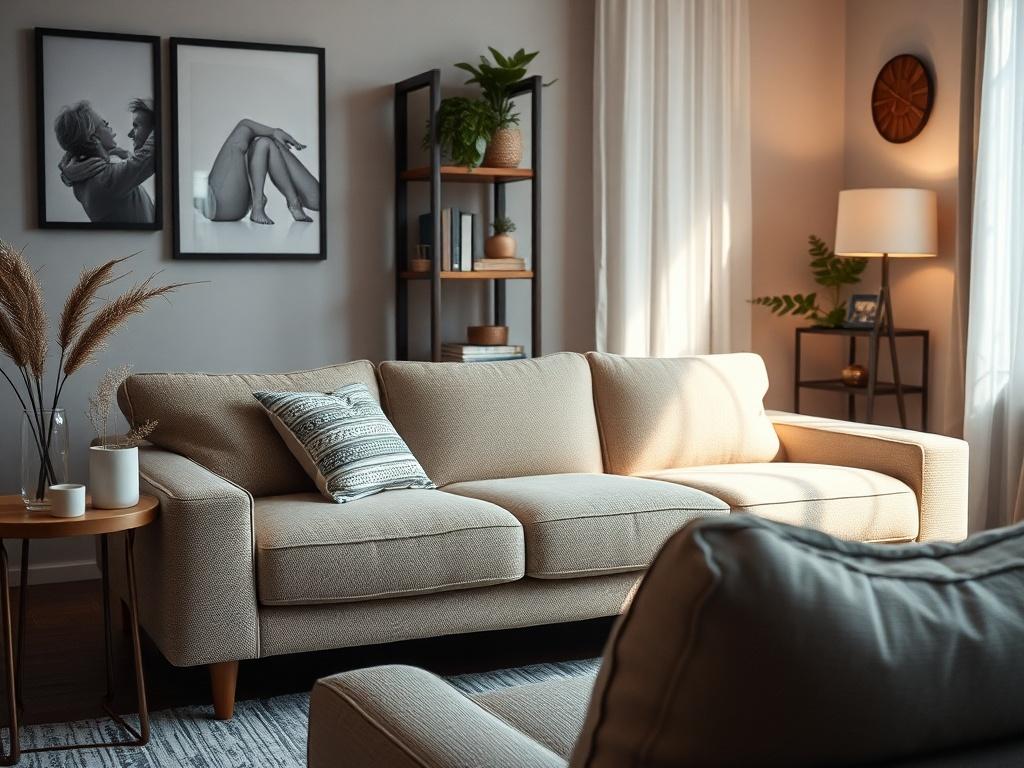 A comfortable and private therapy space designed for discussions about intimacy. The setting should feature a plush couch, soft lighting, and calming decor, creating a welcoming atmosphere for open conversations about sexual health and relationships.