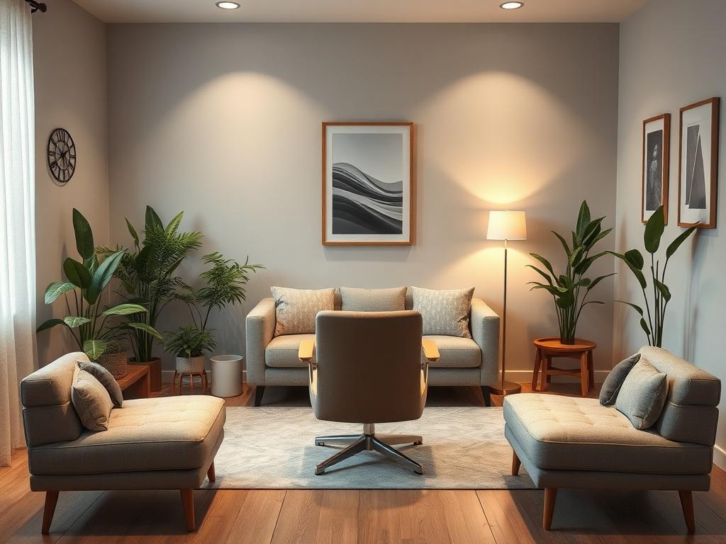 A serene, inviting therapy room with soft lighting and comfortable seating. A single therapist's chair facing a cozy couch, surrounded by calming decor like plants and artwork. The atmosphere should evoke a sense of peace and safety, inviting clients to engage in healing conversations.