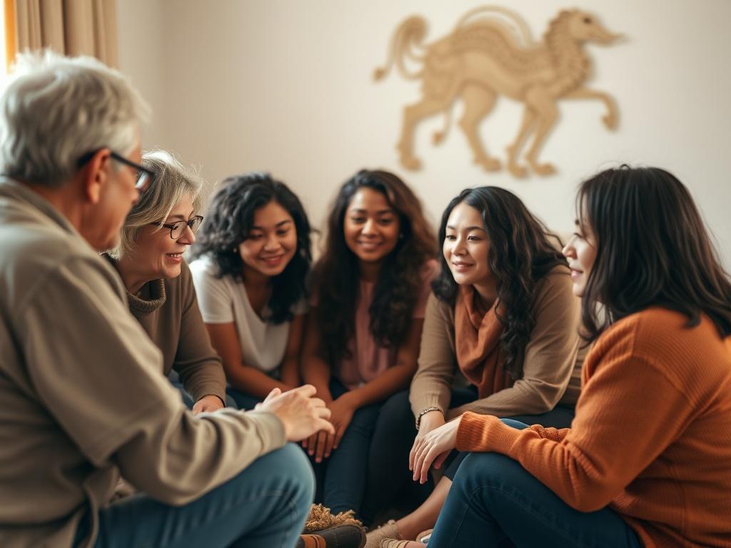 A serene, close-up shot of a diverse group of individuals sitting in a circle, sharing their stories in a supportive and nurturing environment. The focus should capture their expressions of empathy and understanding, symbolizing the healing process of intergenerational trauma. The background should be softly blurred to emphasize the circle, with warm, inviting colors that create a safe space. The lighting should be soft and natural, enhancing the sense of intimacy and connection.