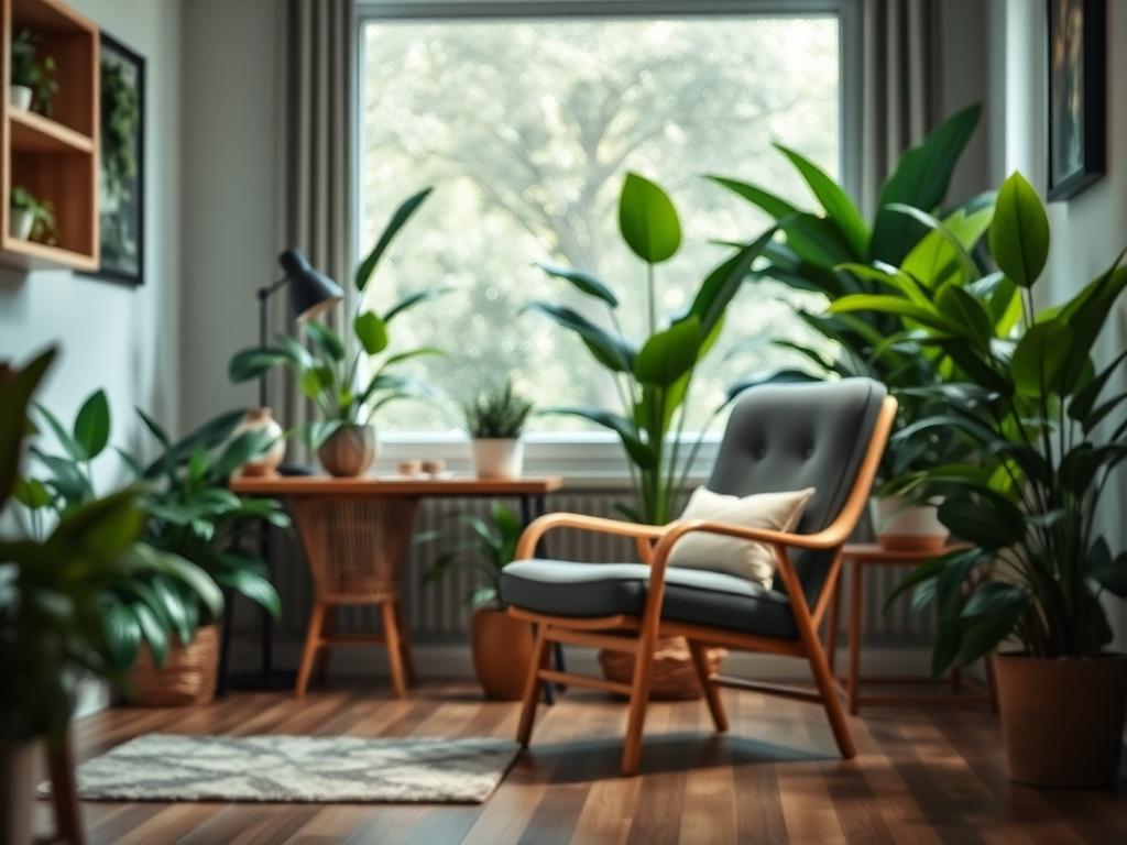 A close-up shot of a welcoming and inviting therapist's office, featuring a comfortable chair and soft lighting, with lush green plants in the background to create a calming atmosphere. The color scheme should reflect the primary color #1C6220, promoting feelings of tranquility and safety.