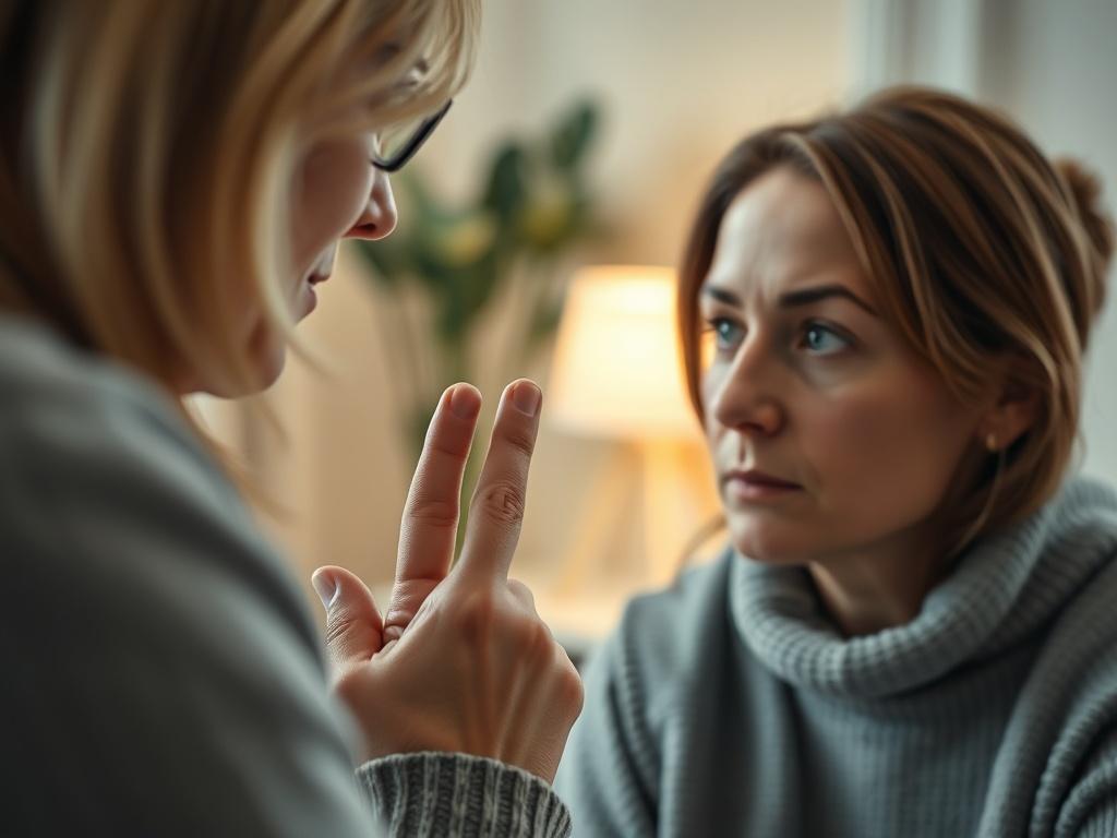 A close-up of a calm therapist guiding a client through EMDR, with the client’s eyes gently following the therapist's fingers. The room has soft lighting and a comforting ambiance, capturing the essence of safety and support in the therapeutic process.