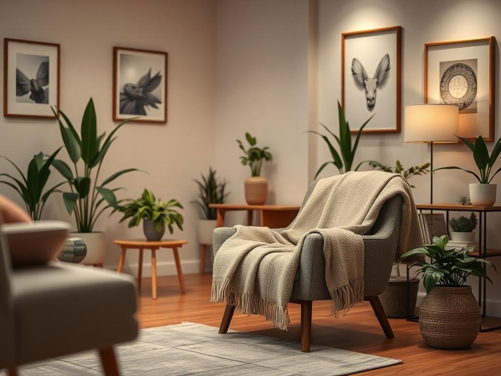 A serene, inviting therapy room with soft lighting and comfortable seating arranged for a counseling session. A warm, peaceful atmosphere with plants and calming artwork on the walls. Focus on a cozy chair with a throw blanket, symbolizing comfort and support.