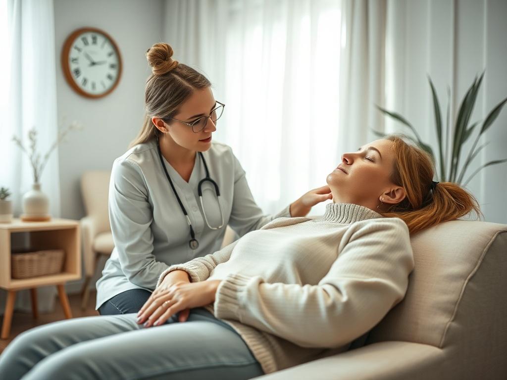 A therapist guiding a client through EMDR therapy in a calm, serene room. The therapist is seated beside the client, who is comfortably reclined with eyes closed. The room features soft colors and soothing decor, capturing a sense of safety and healing.