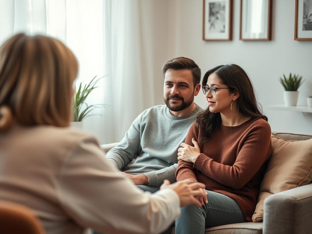 A couple sitting together on a couch in a cozy therapy room, engaged in a deep conversation with a therapist. Soft lighting and comfortable decor create a welcoming atmosphere. The focus is on the couple's expressions of connection and engagement.