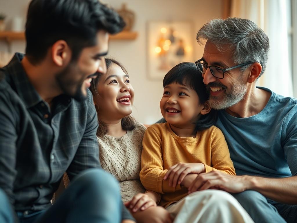 A close-up shot of a family sitting closely together, sharing smiles and laughter, with a warm and inviting background that encapsulates love and unity.